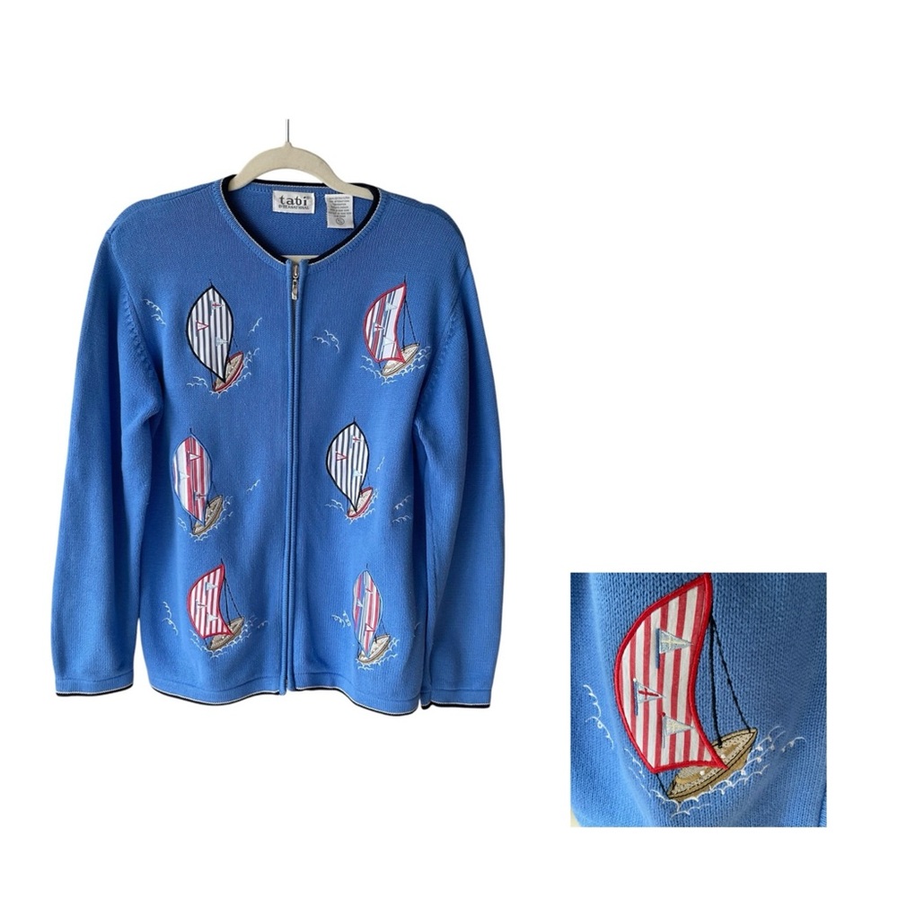 Vintage Tabi International Blue Sailboat Cardigan Made in Hong Kong Size M